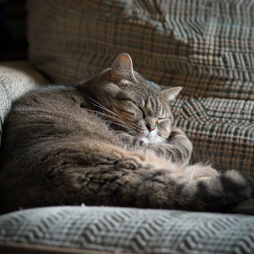 Chubby cat napping on a sofa