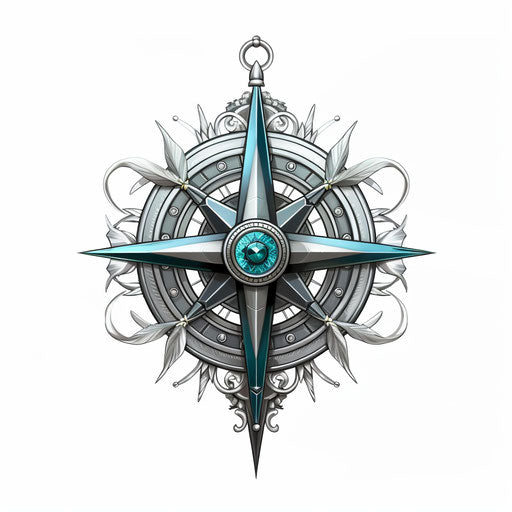 Free black and white compass tattoo design, dark cyan and silver