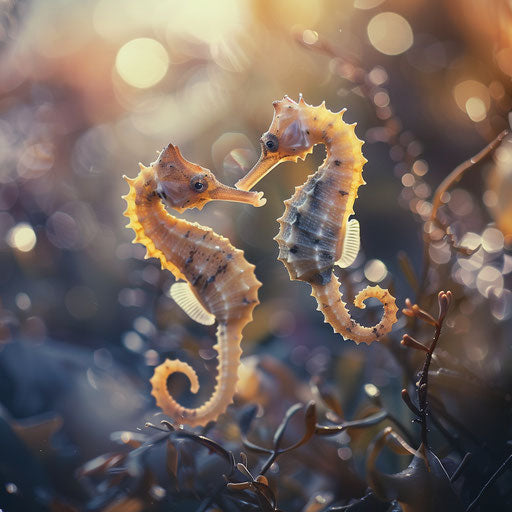 Seahorses with young under soft light, heartwarming moment