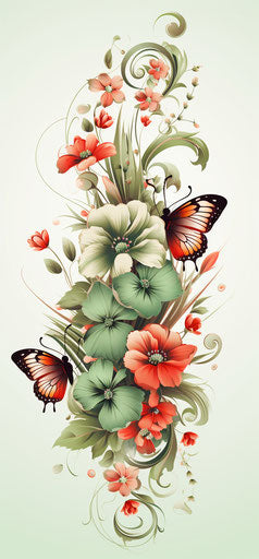 Elegant floral butterfly in light red and light green style