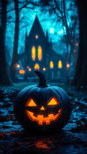 Halloween night, glowing pumpkin and haunted village