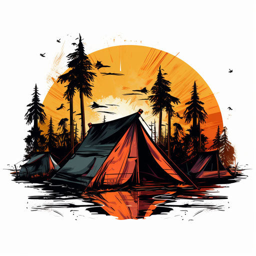 Summer camp artwork in the style of Chiaroscuro Art, on white background