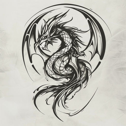 Vibrant flat drawing of a neo tribal dragon with dynamic curves
