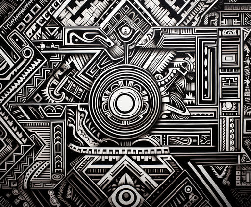 Black and white geometric design with detailed sketches