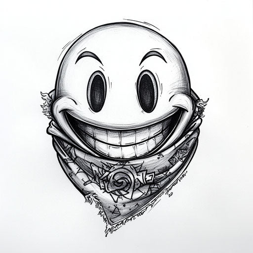 Flat tattoo sketch of smiley face with bandana on white