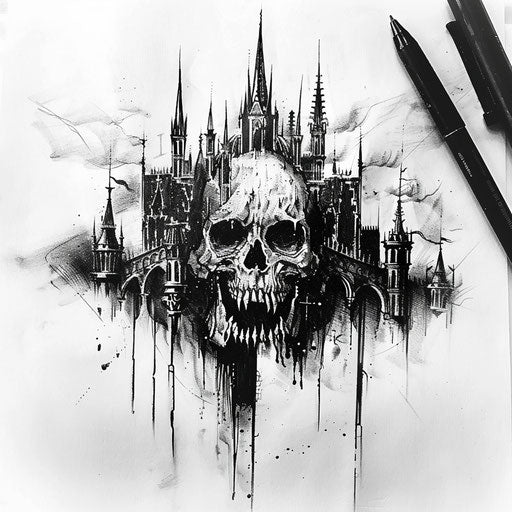 Flat gothic tattoo sketch of a dark, ominous castle