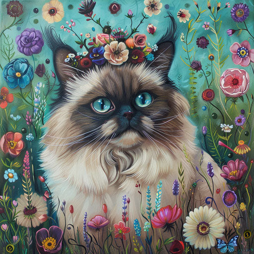 Himalayan cat with a flower crown in a whimsical garden setting