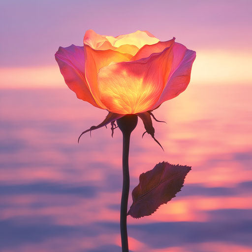 Glowing rose on ocean sunset backdrop in photo style