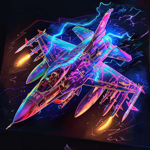 Bold neon tattoo sketch of a fighter jet with lightning bolts