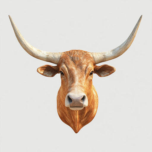 3D longhorn in photo realistic style on flat white background, isolated clipart