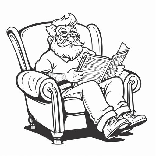 Dad reading in armchair: cartoon style