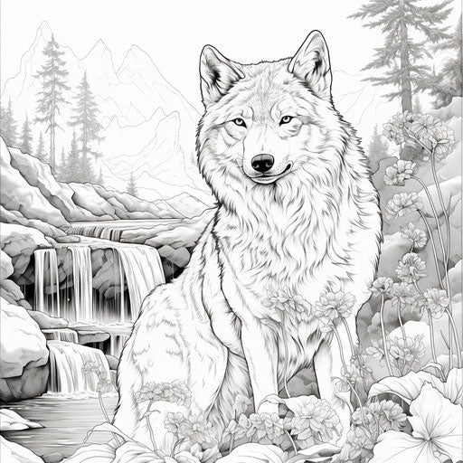 A wolf at the river coloring book with rocks and leaves