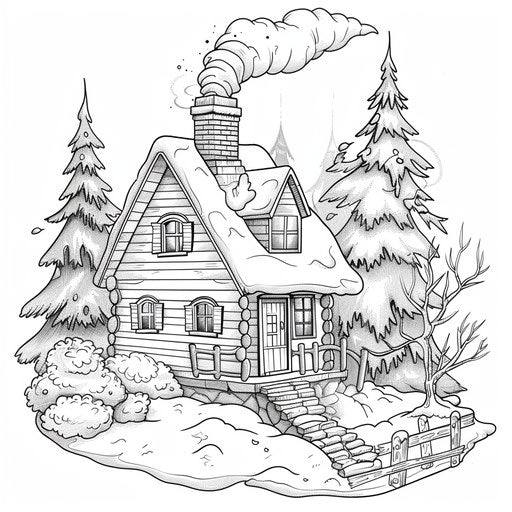 Cozy winter chalet with smoke and snowy pine trees