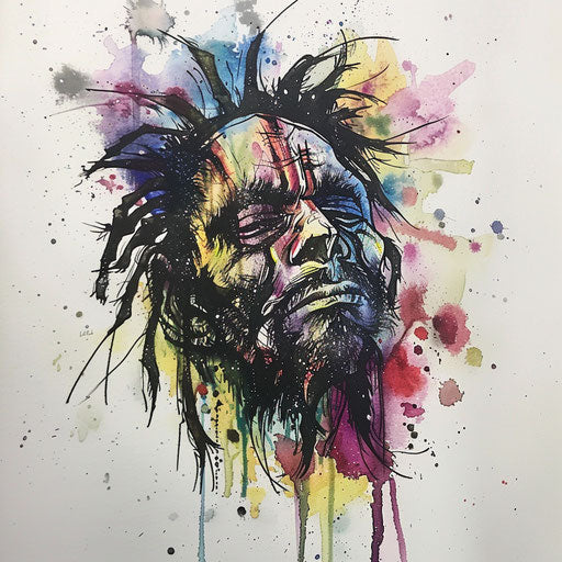 Artistic flat tattoo sketch of shrunken head with watercolor splashes