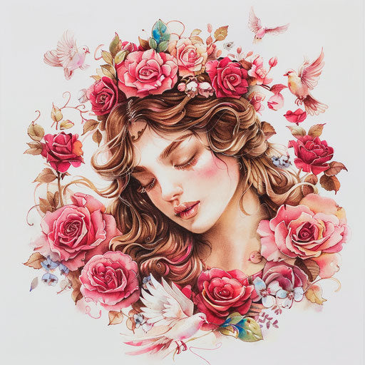 Watercolor tattoo of a goddess surrounded by roses and doves