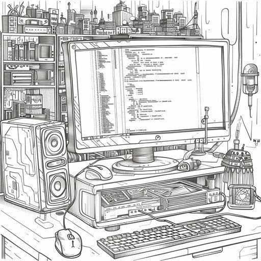 Detailed illustration of a computer with a coding program running. Coloring book page