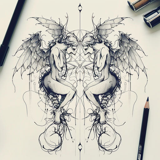 Stylized flat tattoo sketch of an angel and devil with mirrored poses, geometric patterns, dual-tone