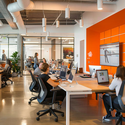 Collaborative office space with shared desks and friendly atmosphere