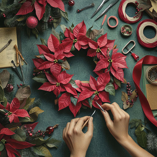Crafting a poinsettia wreath with ribbons and floral tools