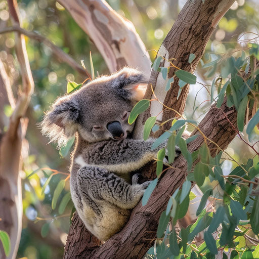 Koala in eucalyptus tree, serene Australian bush setting