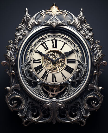 Roman numeral clock, classic tattoo style, dark silver