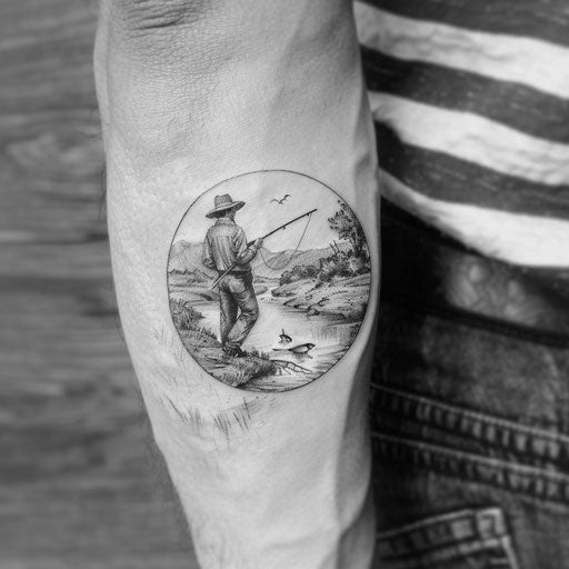 Classic flat tattoo sketch of a fisherman by the riverside
