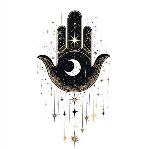 Clipart style hamsa hand tattoo with mystical moon and stars