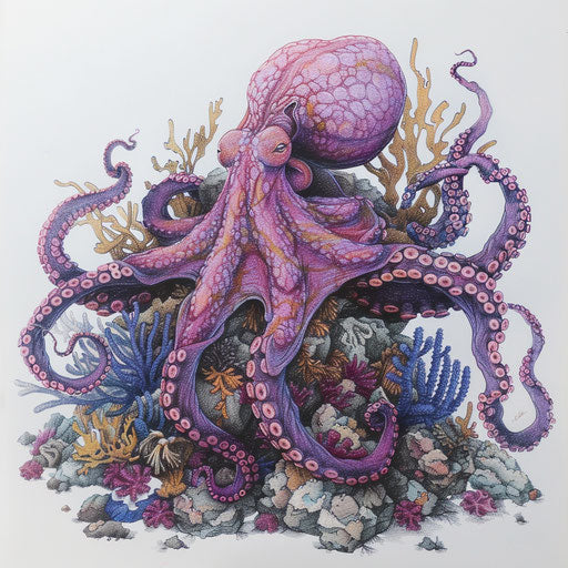 Octopus hidden in corals and rocks, ocean tattoo