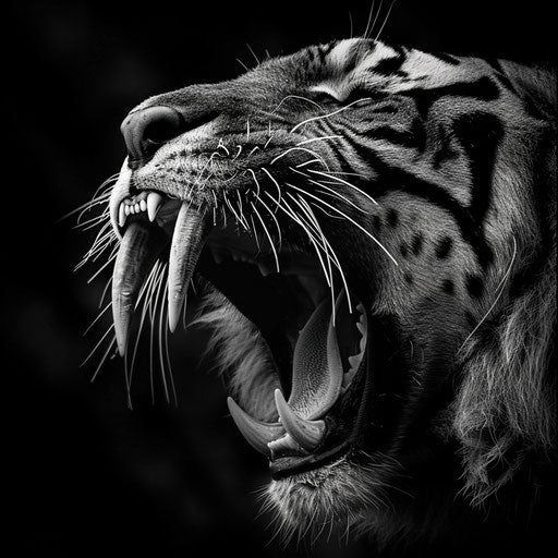Saber-toothed tiger in a high-contrast black and white photo