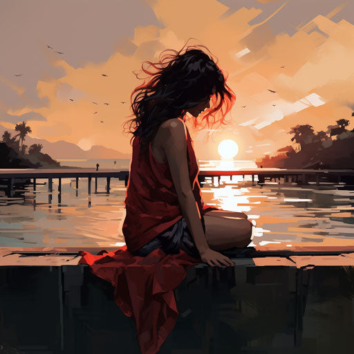 Woman sitting on a beach pier, sad and torn