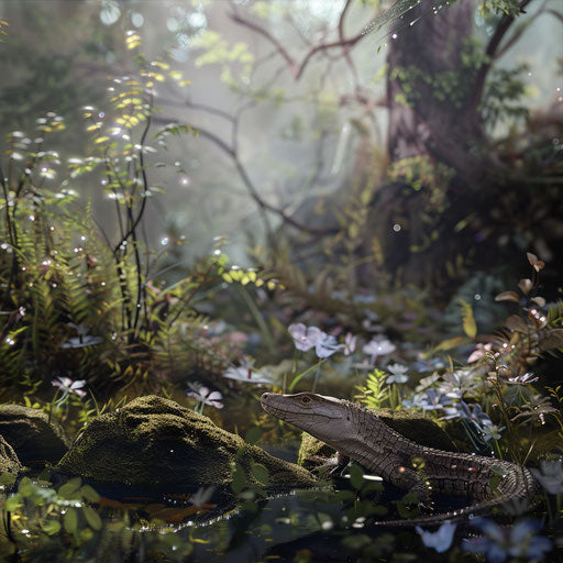 Blue tongue skink in an ethereal forest landscape