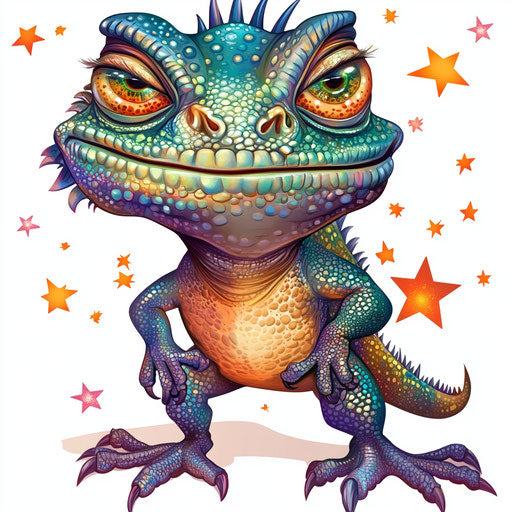 Humorous caricature of an iguana with human characteristics