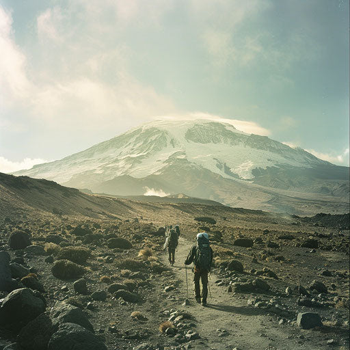 Kilimanjaro with climbers on a rugged trail