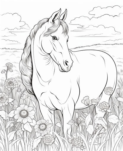 Horse in the grass, childlike and charming coloring page