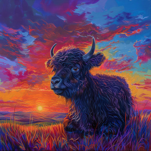 Yak calf playing in a meadow with a vibrant sunset