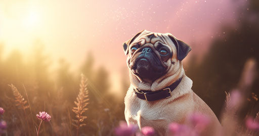 Pug dog on grass looking at the sun