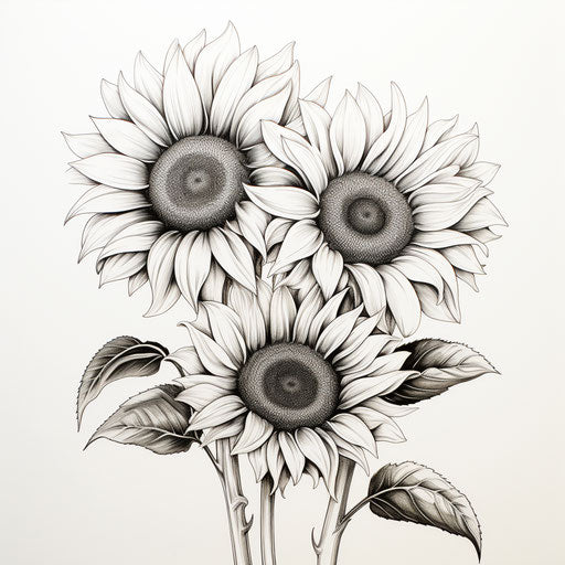 Minimalistic black and white sketch of sunflowers