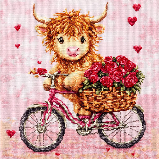 Cute Baby Highland Cow on a bicycle with a basket full of red roses, surrounded by hearts, against a pink background. A very detailed cross-stitch pattern.