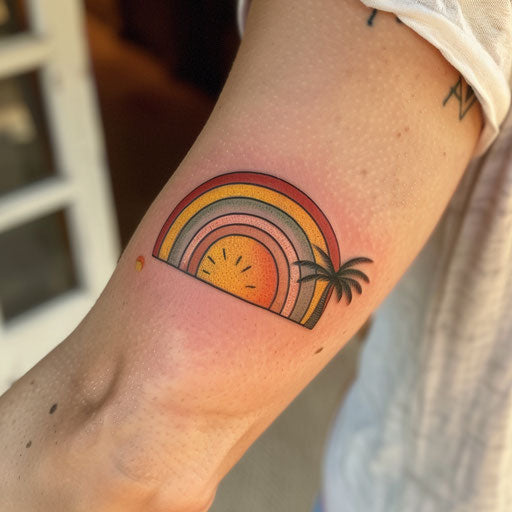 Retro style sunset tattoo with a 70s color palette