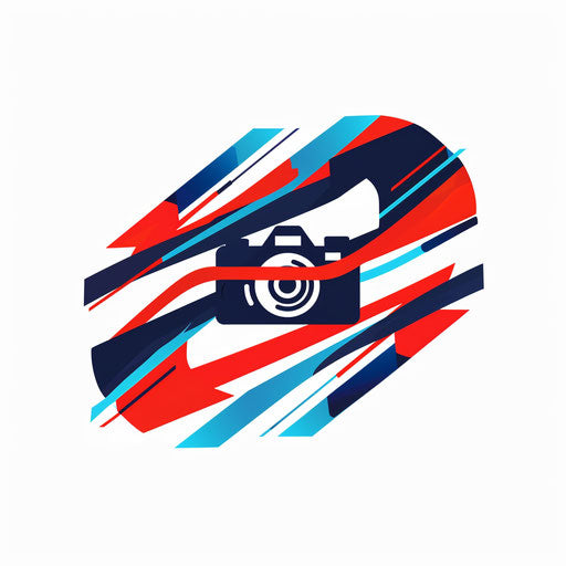 Photologo with dynamic lines and bold typography in red, white, and blue, featuring an action camera icon
