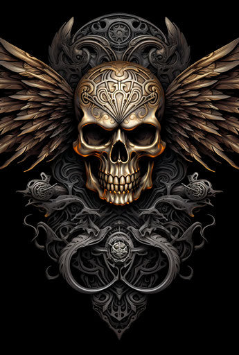 Skull with wings and fish, sgraffito style, carving 51:76