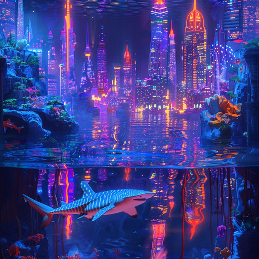 Neon-lit cityscape mirrored in ocean, zebra shark