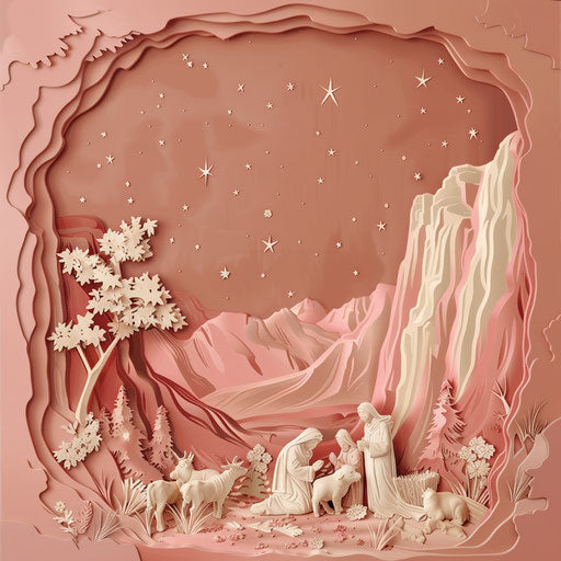 Realistic nativity clipart on dusky rose background