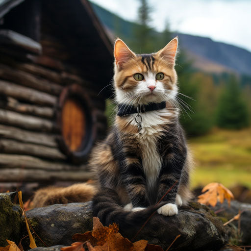 Manx cat sitting in front of a log cabin