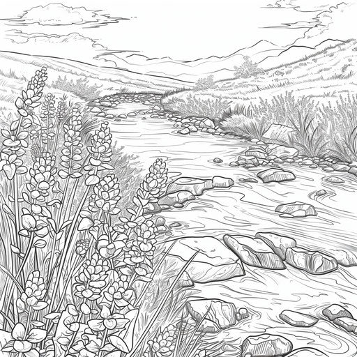 Tranquil stream through field of spring flowers