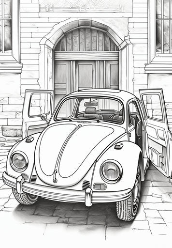 Car coloring page with open doors, comic art style