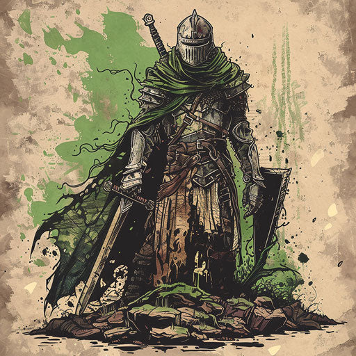 Adventurous tattoo sketch of a Dark Souls exploration scene in clipart style with bright green and brown