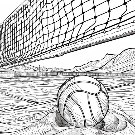 A detailed close-up of a volleyball with a net and sand court. Coloring book page