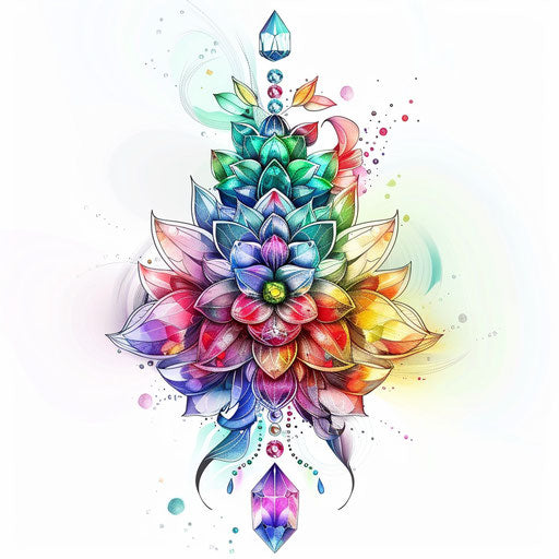 Unalome tattoo adorned with crystals and gemstones