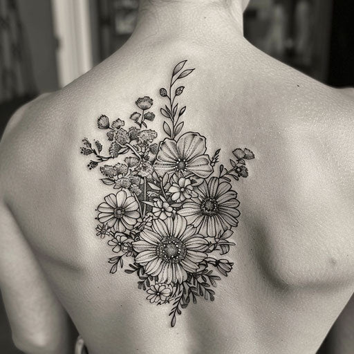 Wildflower tattoo in black and grey, realistic shading
